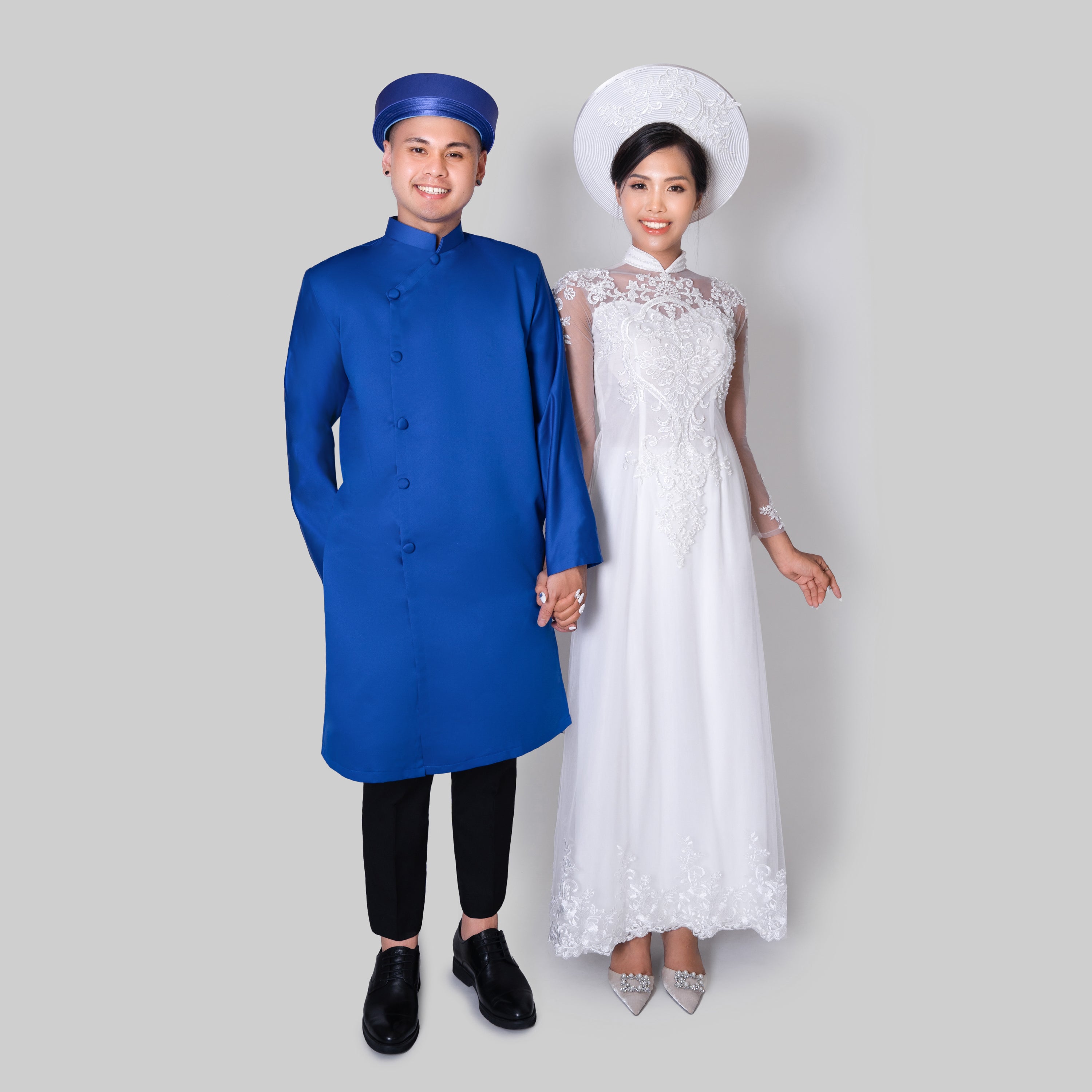 White & Blue Wedding Couple Vietnamese Ao Dai ST76
